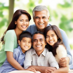 A heartwarming image of a man smiling brightly, surrounded by his happy family, creating a picture of joy and warmth against a serene background.