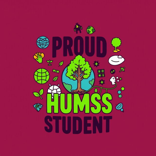 A vibrant and engaging T-shirt design celebrating HUMSS (Humanities and Social Sciences) students, featuring bold typography that reads 'Proud HUMSS Student' alongside graphics symbolizing pride, interconnectedness, and sustainability