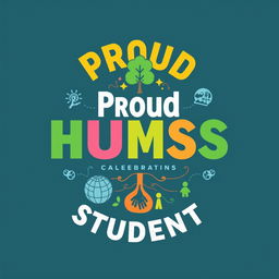 A vibrant and engaging T-shirt design celebrating HUMSS (Humanities and Social Sciences) students, featuring bold typography that reads 'Proud HUMSS Student' alongside graphics symbolizing pride, interconnectedness, and sustainability