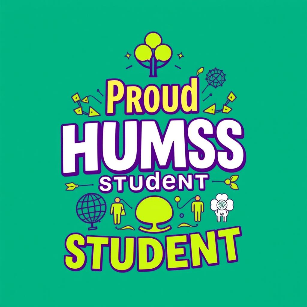 A vibrant and engaging T-shirt design celebrating HUMSS (Humanities and Social Sciences) students, featuring bold typography that reads 'Proud HUMSS Student' alongside graphics symbolizing pride, interconnectedness, and sustainability