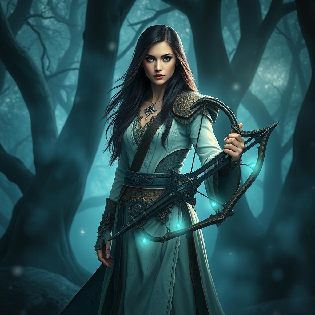 A female Kalashtar twilight cleric standing heroically in a mystical forest
