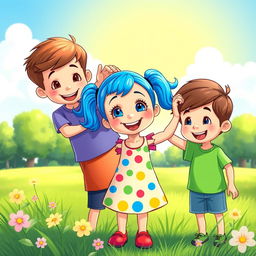 A vibrant cartoon scene featuring a cheerful little girl playfully patting two little boys on the head