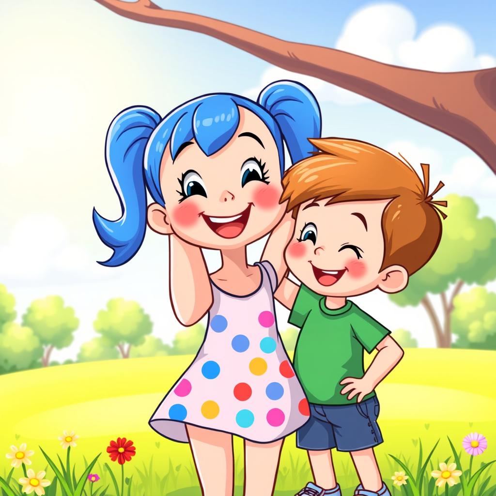 A vibrant cartoon scene featuring a cheerful little girl playfully patting two little boys on the head