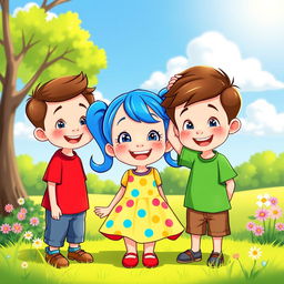 A vibrant cartoon scene featuring a cheerful little girl playfully patting two little boys on the head