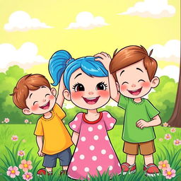 A vibrant cartoon scene featuring a cheerful little girl playfully patting two little boys on the head