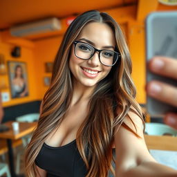 A stunning 18-year-old woman taking a confident selfie