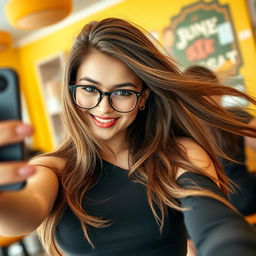 A stunning 18-year-old woman taking a confident selfie