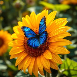 A stunning close-up shot of a vibrant blue butterfly perched delicately on a blooming sunflower, with sunlight streaming through the petals creating a warm golden glow