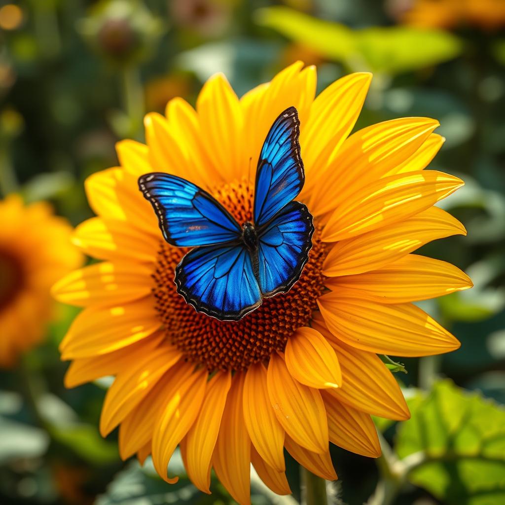 A stunning close-up shot of a vibrant blue butterfly perched delicately on a blooming sunflower, with sunlight streaming through the petals creating a warm golden glow