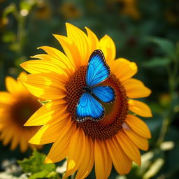 A stunning close-up shot of a vibrant blue butterfly perched delicately on a blooming sunflower, with sunlight streaming through the petals creating a warm golden glow