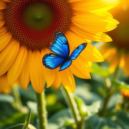 A stunning close-up shot of a vibrant blue butterfly perched delicately on a blooming sunflower, with sunlight streaming through the petals creating a warm golden glow