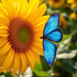 A stunning close-up shot of a vibrant blue butterfly perched delicately on a blooming sunflower, with sunlight streaming through the petals creating a warm golden glow