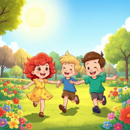 A delightful cartoon scene depicting a little girl and two little boys happily playing together