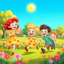 A delightful cartoon scene depicting a little girl and two little boys happily playing together