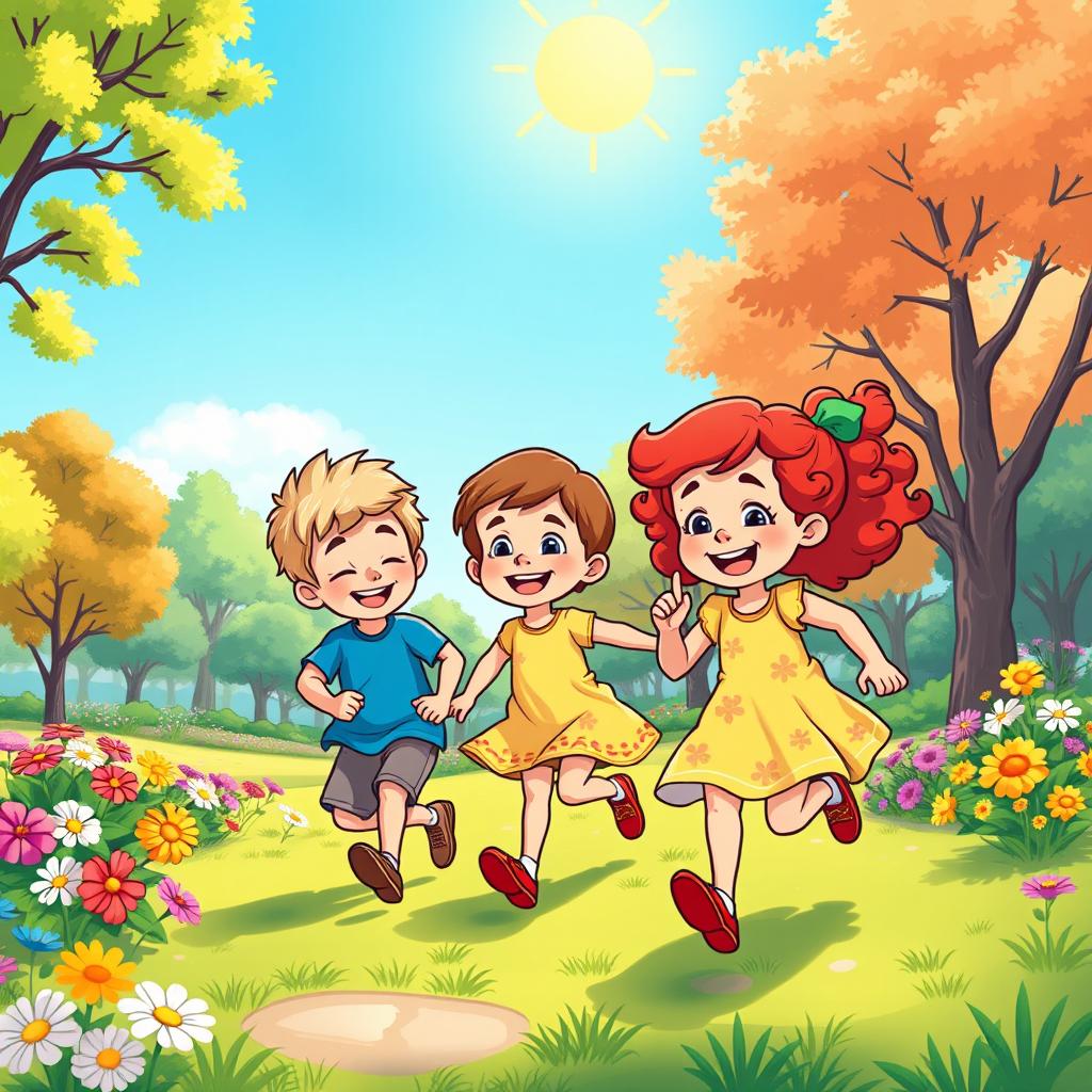 A delightful cartoon scene depicting a little girl and two little boys happily playing together