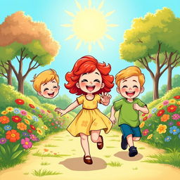 A delightful cartoon scene depicting a little girl and two little boys happily playing together