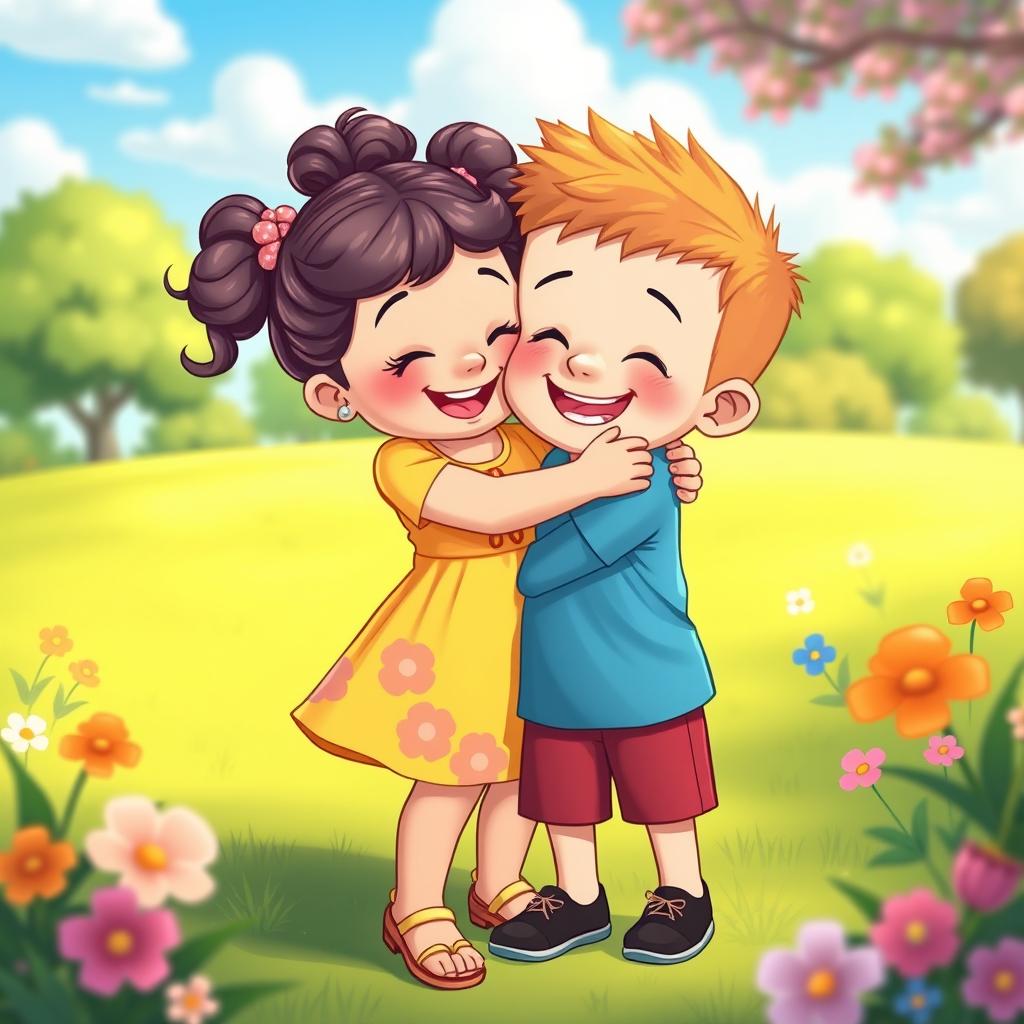 A heartwarming cartoon scene depicting a little girl and a little boy hugging each other joyfully