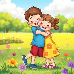 A heartwarming cartoon scene depicting a little girl and a little boy hugging each other joyfully