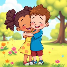 A heartwarming cartoon scene depicting a little girl and a little boy hugging each other joyfully