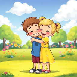 A heartwarming cartoon scene depicting a little girl and a little boy hugging each other joyfully