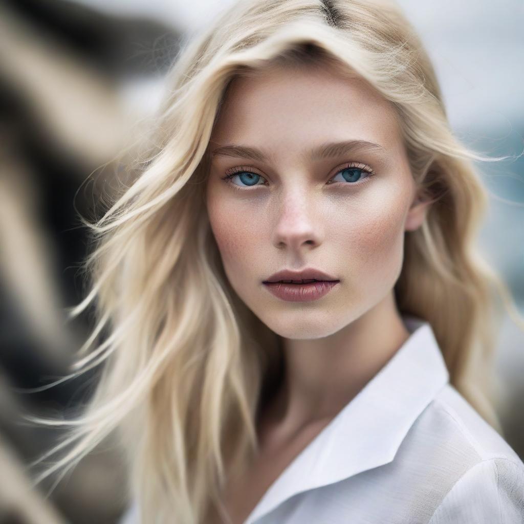 Change the scene to focus closely on the blonde model's face. Capture the textures of her skin and the inspired look in her eyes, with the cliff and sky subtly hinted in her pupils.