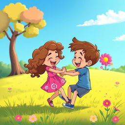 A vibrant cartoon-style scene depicting a playful fight between a little girl and a little boy