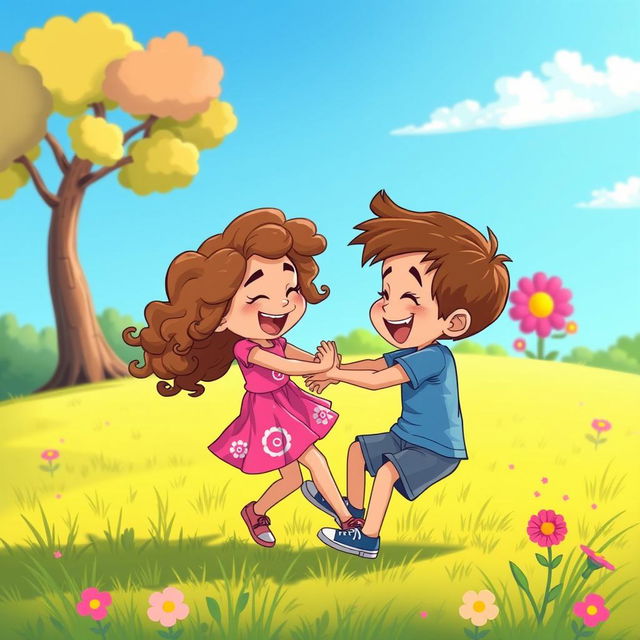 A vibrant cartoon-style scene depicting a playful fight between a little girl and a little boy