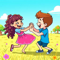 A vibrant cartoon-style scene depicting a playful fight between a little girl and a little boy