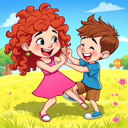 A vibrant cartoon-style scene depicting a playful fight between a little girl and a little boy