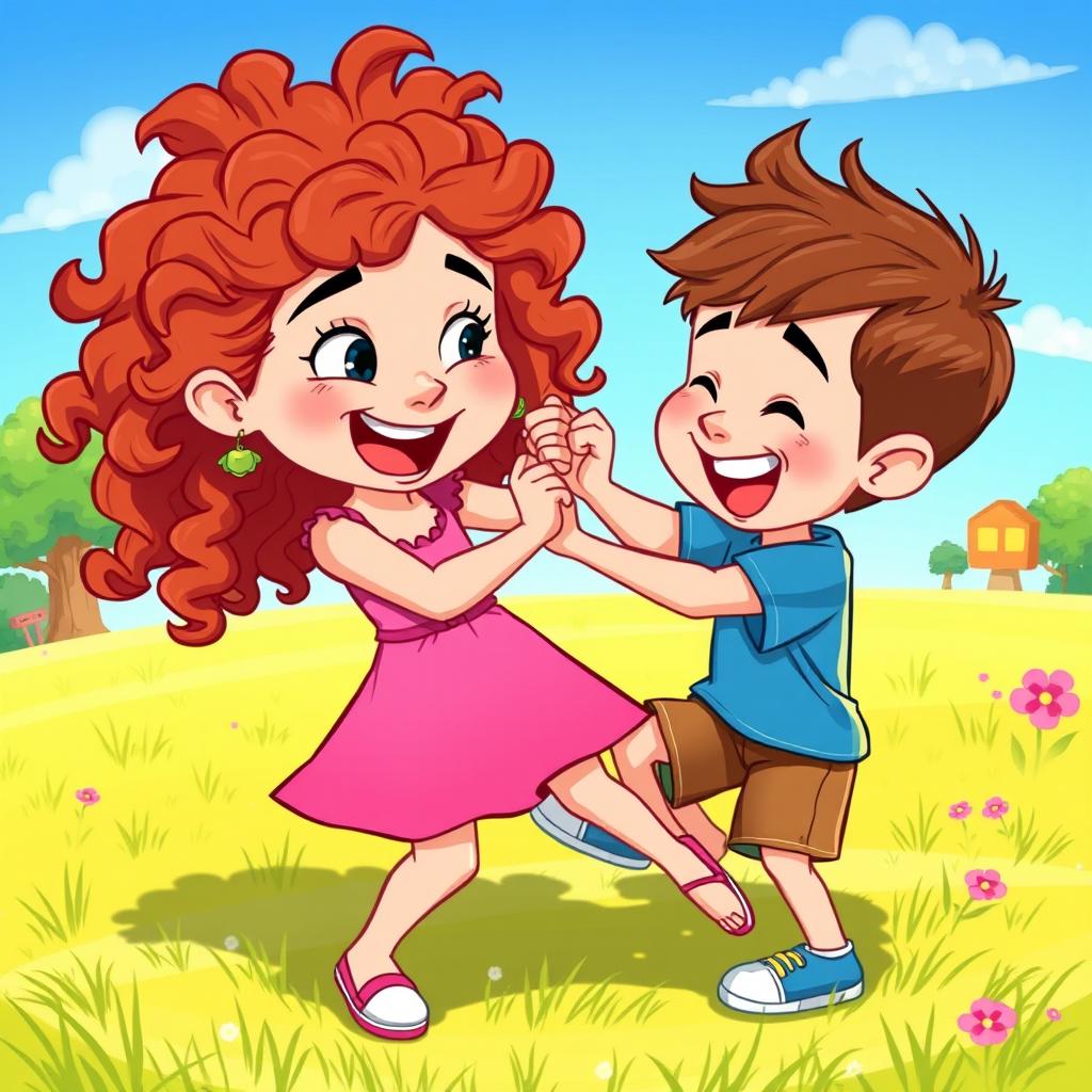 A vibrant cartoon-style scene depicting a playful fight between a little girl and a little boy