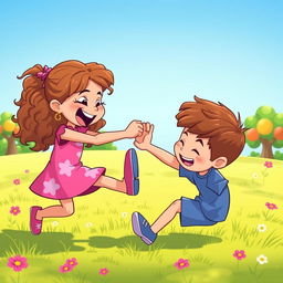 A vibrant cartoon-style scene depicting a playful fight between a little girl and a little boy