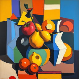 A vibrant and expressive cubism painting featuring a still life arrangement of geometric shapes, such as fruits and vases, characterized by bold colors and fragmented forms