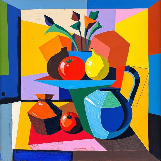 A vibrant and expressive cubism painting featuring a still life arrangement of geometric shapes, such as fruits and vases, characterized by bold colors and fragmented forms