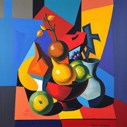 A vibrant and expressive cubism painting featuring a still life arrangement of geometric shapes, such as fruits and vases, characterized by bold colors and fragmented forms