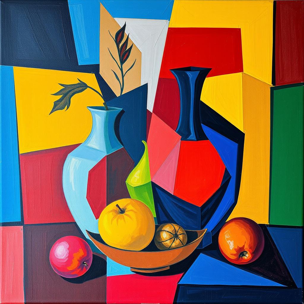 A vibrant and expressive cubism painting featuring a still life arrangement of geometric shapes, such as fruits and vases, characterized by bold colors and fragmented forms