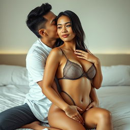 A 35-year-old Indonesian man with pure white skin is warmly hugging a beautiful 28-year-old woman from behind while softly kissing her cheek