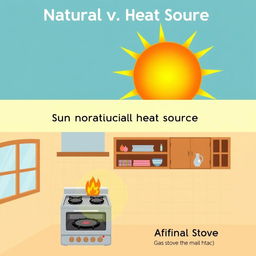 An educational illustration showcasing natural and artificial heat sources
