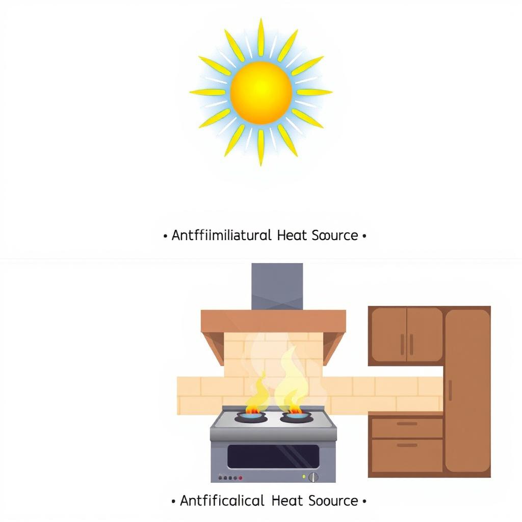 An educational illustration showcasing natural and artificial heat sources