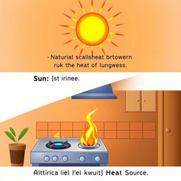 An educational illustration showcasing natural and artificial heat sources