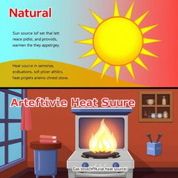 An educational illustration showcasing natural and artificial heat sources