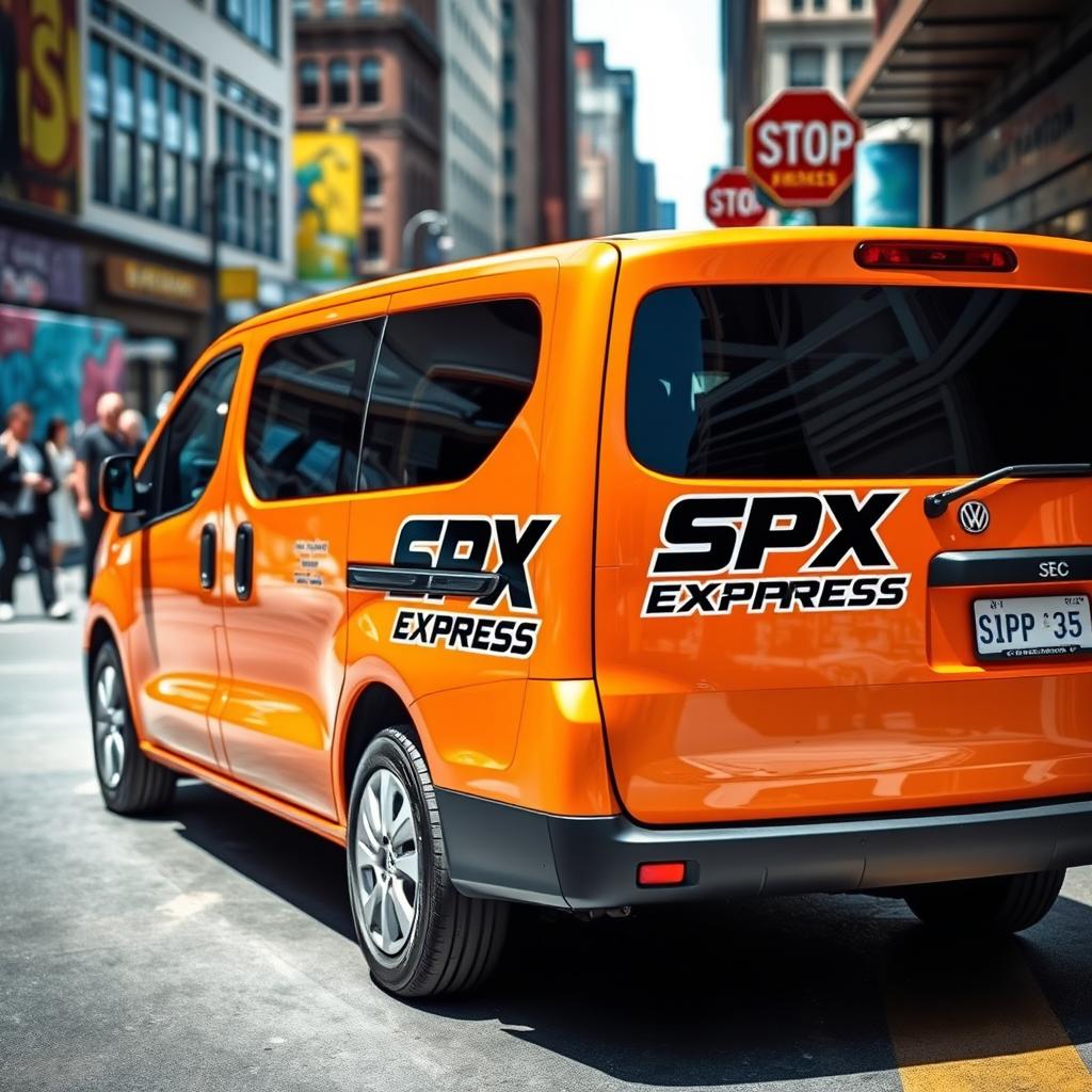 An eye-catching orange mini van prominently displaying the logo "SPX EXPRESS" on its side