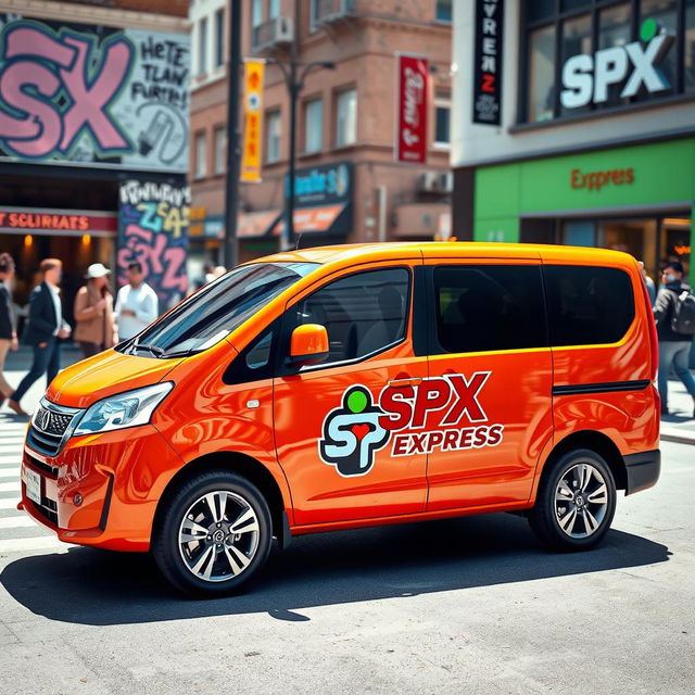 An eye-catching orange mini van prominently displaying the logo "SPX EXPRESS" on its side