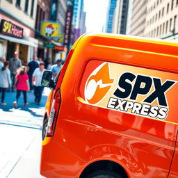 An eye-catching orange mini van prominently displaying the logo "SPX EXPRESS" on its side