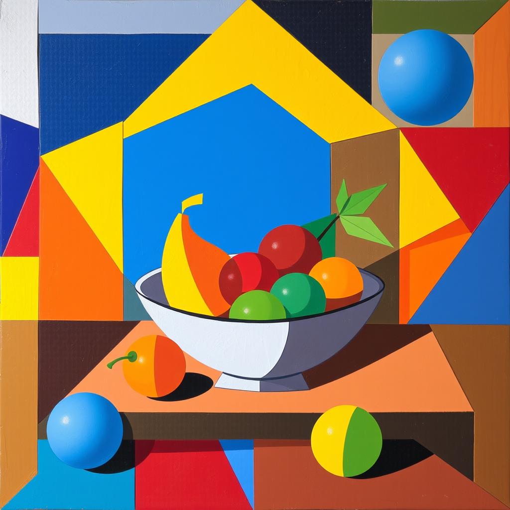 A beginner-level cubism art piece that combines simple geometric shapes such as cubes, spheres, and triangles