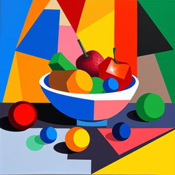 A beginner-level cubism art piece that combines simple geometric shapes such as cubes, spheres, and triangles