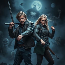 A dramatic scene featuring Dean Winchester and Jo Harvell from the popular supernatural series, both wielding weapons and standing against a dark, eerie background filled with supernatural elements