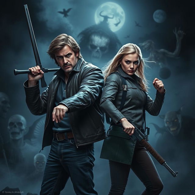 A dramatic scene featuring Dean Winchester and Jo Harvell from the popular supernatural series, both wielding weapons and standing against a dark, eerie background filled with supernatural elements