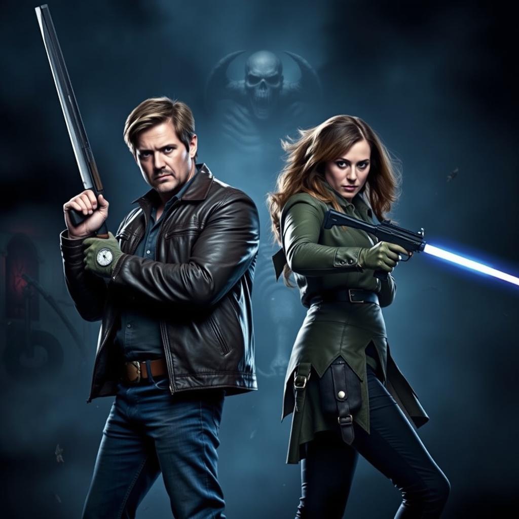 A dramatic scene featuring Dean Winchester and Jo Harvell from the popular supernatural series, both wielding weapons and standing against a dark, eerie background filled with supernatural elements