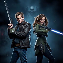 A dramatic scene featuring Dean Winchester and Jo Harvell from the popular supernatural series, both wielding weapons and standing against a dark, eerie background filled with supernatural elements