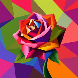 A beautiful Cubism-style artwork featuring a vibrant rose, composed of fragmented geometric shapes and bold colors
